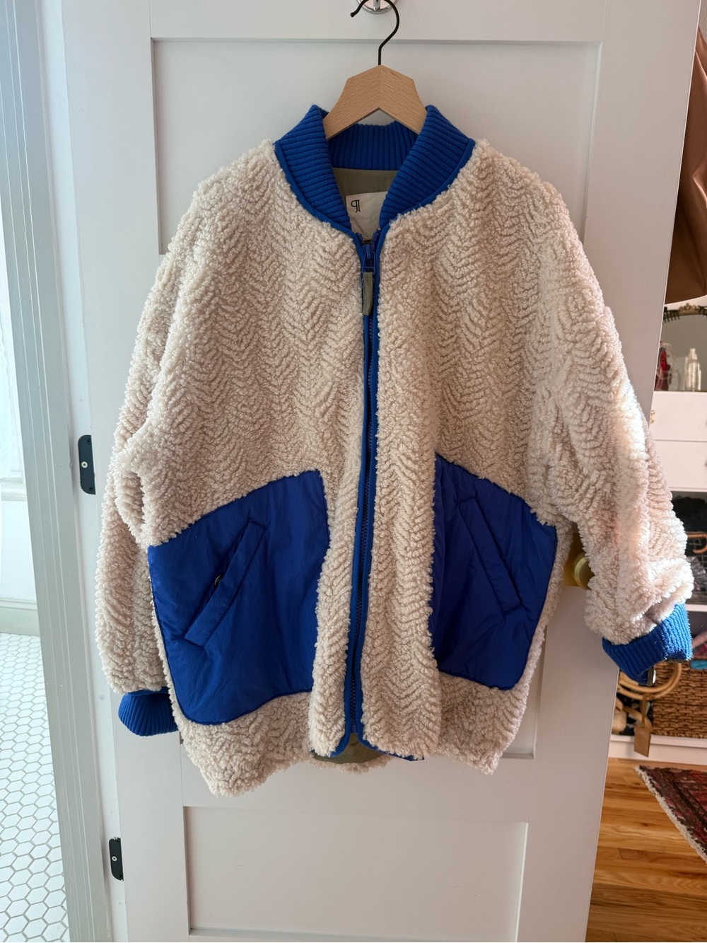 Pilcro Cream Teddy Jacket with Blue Trim - Picture 2 of 4